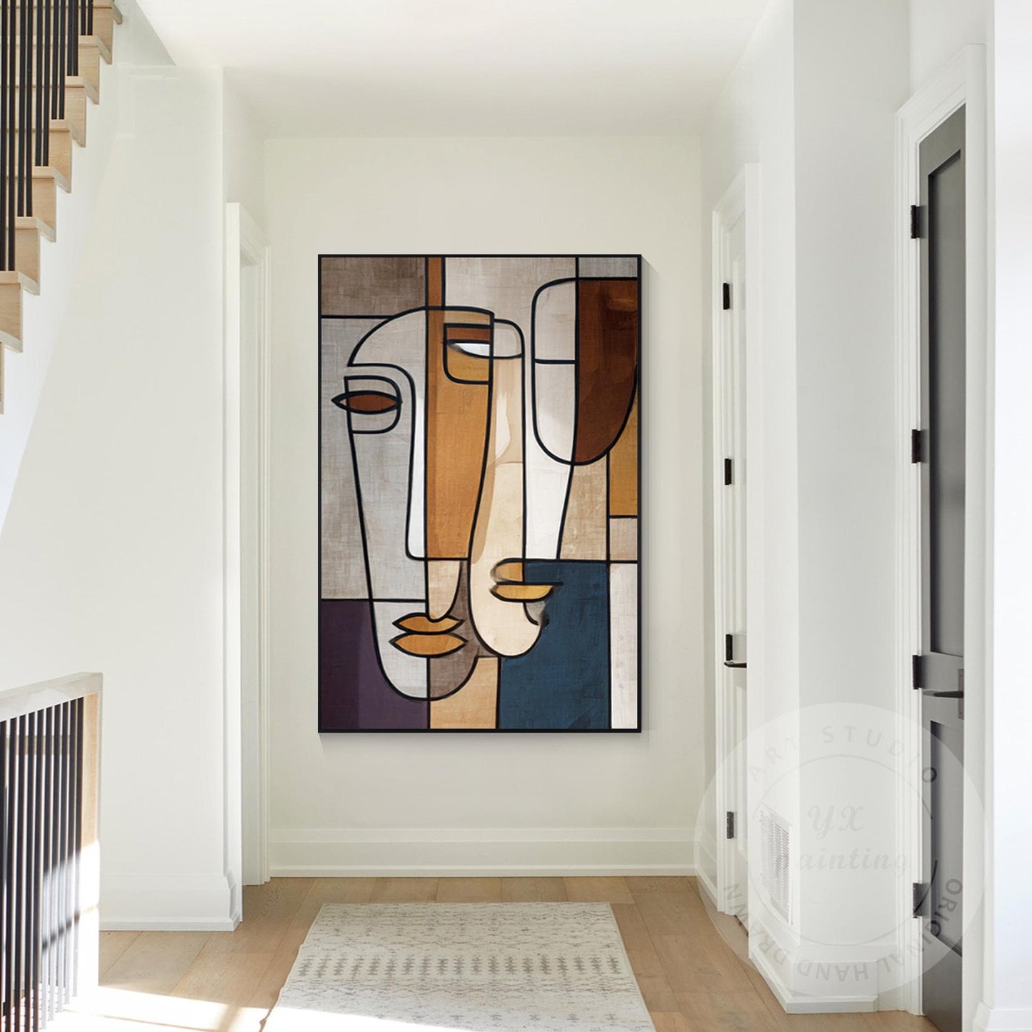Abstract Geometric Face Canvas Art, Minimalist Modern Portrait Painting, Oversiz #4