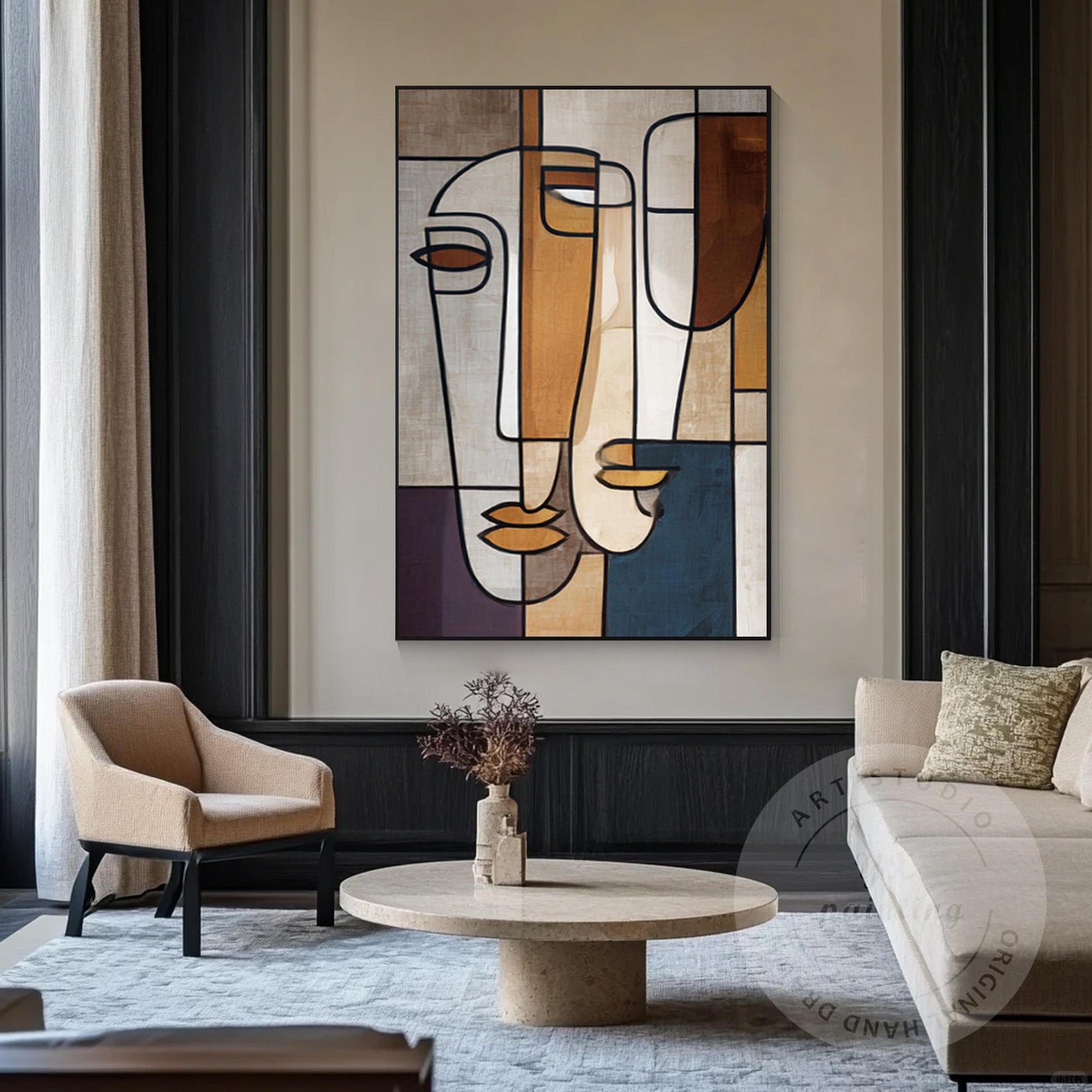 Abstract Geometric Face Canvas Art, Minimalist Modern Portrait Painting, Oversiz #1