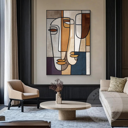 Abstract Geometric Face Canvas Art, Minimalist Modern Portrait Painting, Oversiz #1