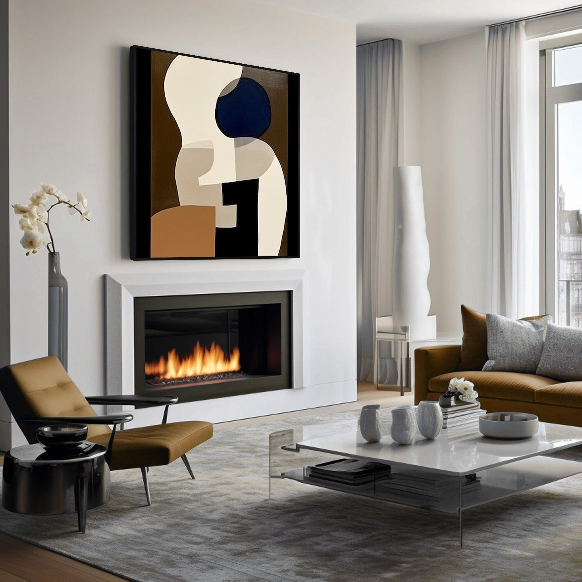 Abstract Geometric Painting: Large Black Brown Organic Shapes, Industrial Art #2