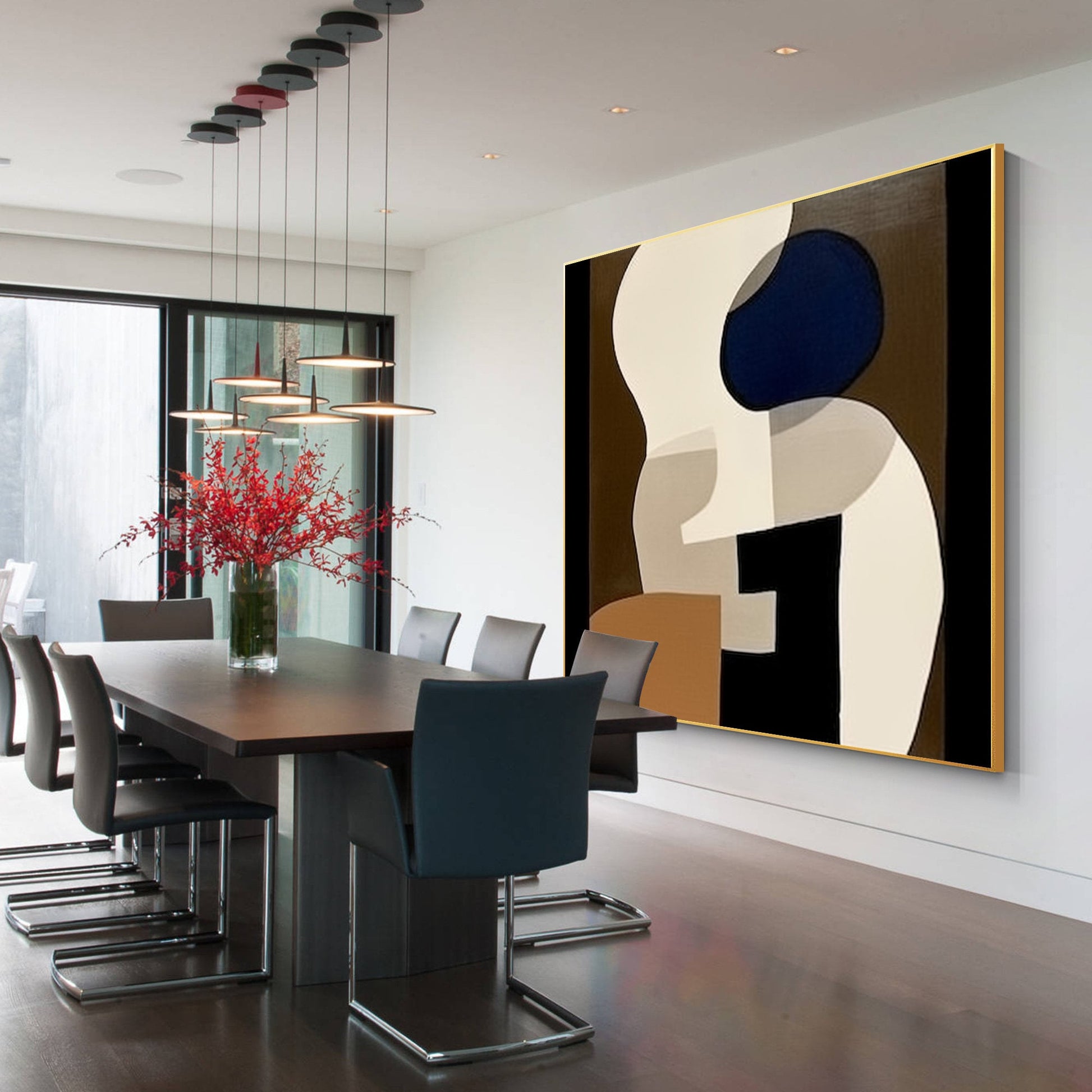 Abstract Geometric Painting: Large Black Brown Organic Shapes, Industrial Art #4