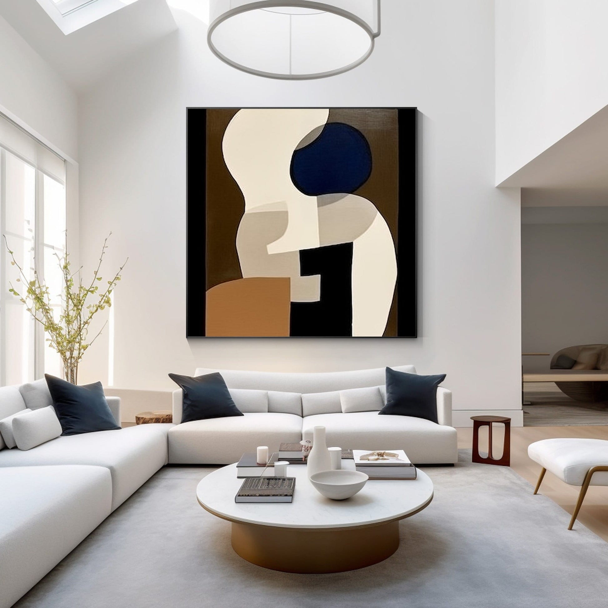 Abstract Geometric Painting: Large Black Brown Organic Shapes, Industrial Art #1