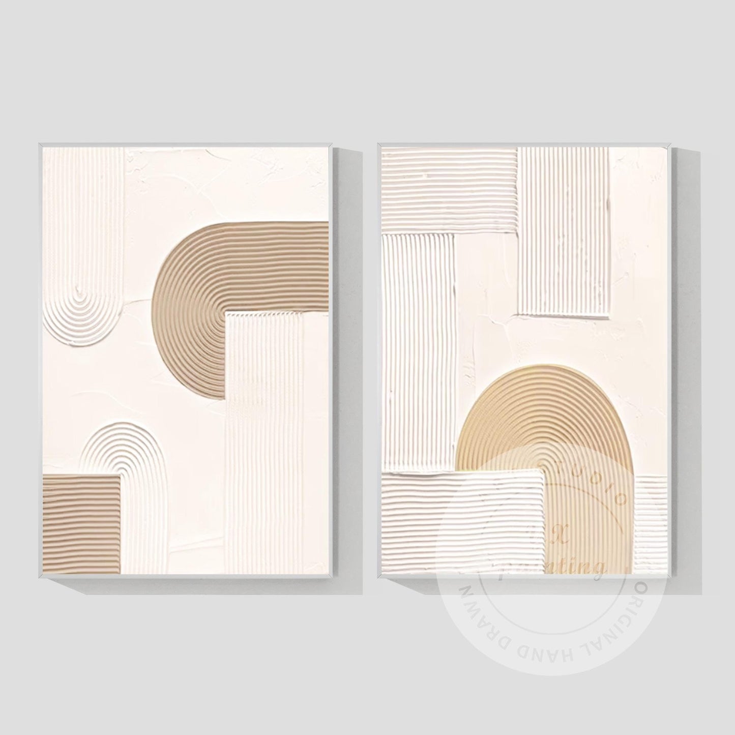 Abstract Geometric Painting Set: Beige Textured Organic Art on Canvas #8