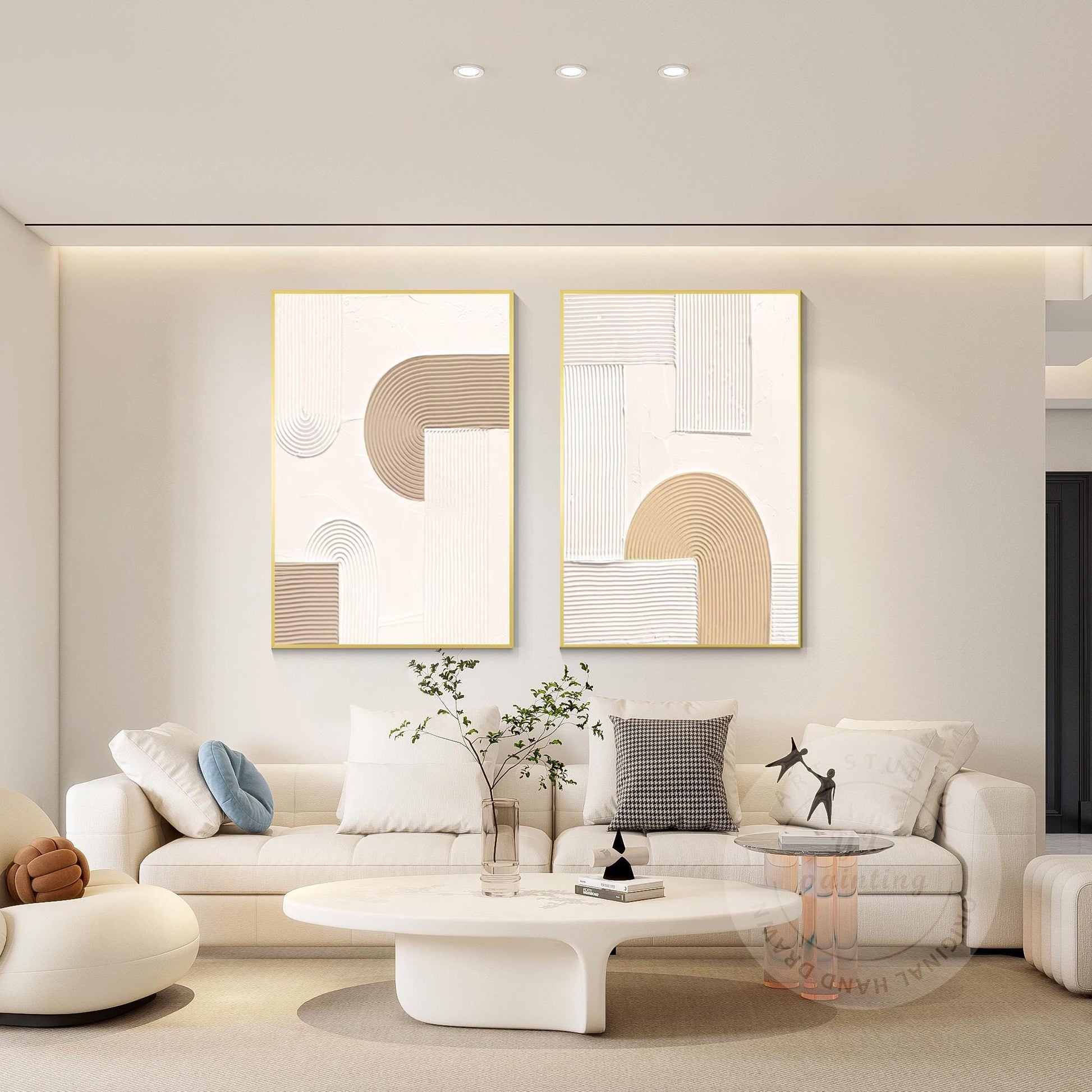 Abstract Geometric Painting Set: Beige Textured Organic Art on Canvas #1