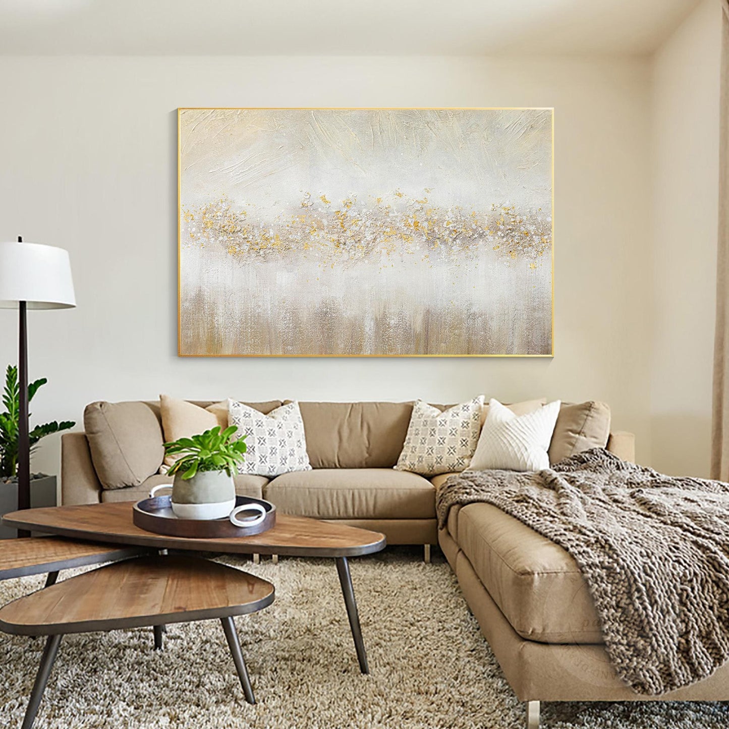 Abstract Gold Flowers Painting: Brown Textured Beige Wabi Sabi Wall Art #1