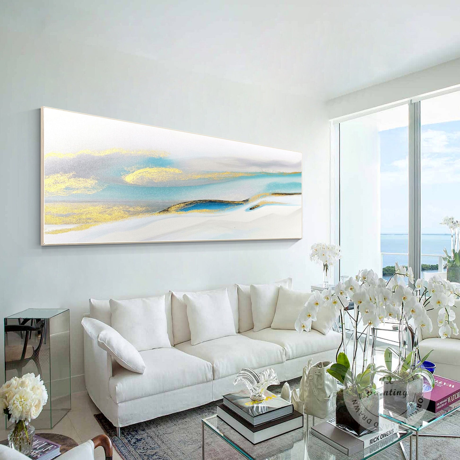 Abstract Gold & Light Blue Landscape Painting: Extra Large Framed Canvas Art #4