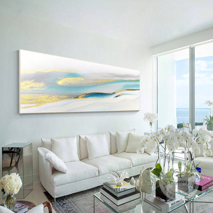 Abstract Gold & Light Blue Landscape Painting: Extra Large Framed Canvas Art #4