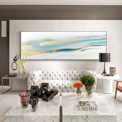 Abstract Gold & Light Blue Landscape Painting: Extra Large Framed Canvas Art #5