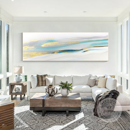 Abstract Gold & Light Blue Landscape Painting: Extra Large Framed Canvas Art #1