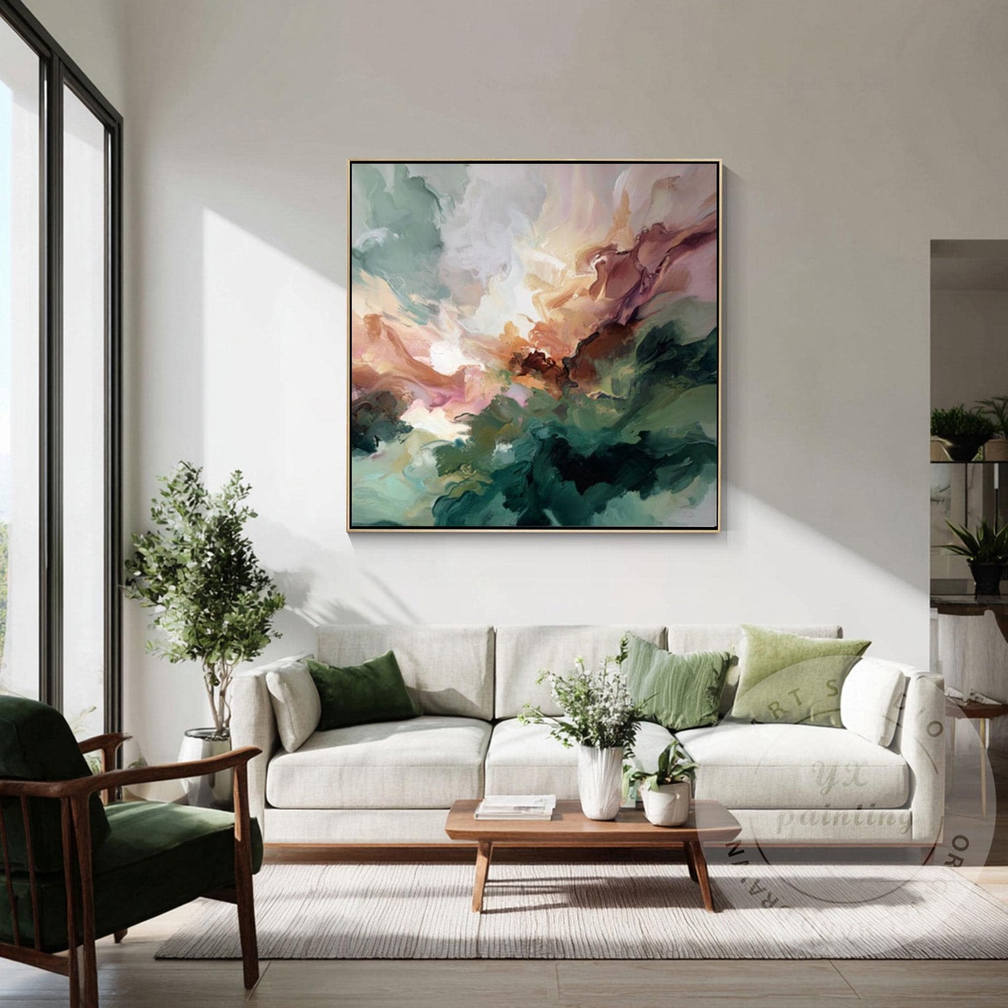 Abstract Green Wall Art, Modern Fluid Painting, Organic Landscape Canvas, Neutra #2