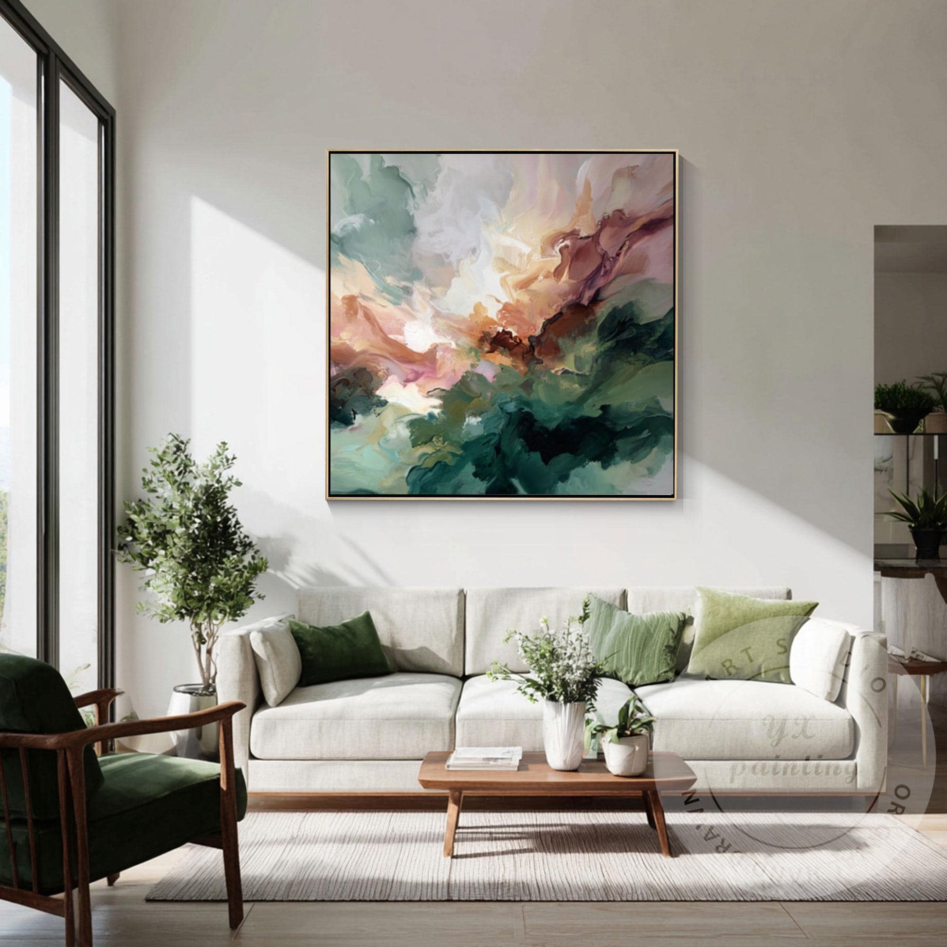Abstract Green Wall Art, Modern Fluid Painting, Organic Landscape Canvas, Neutra #2