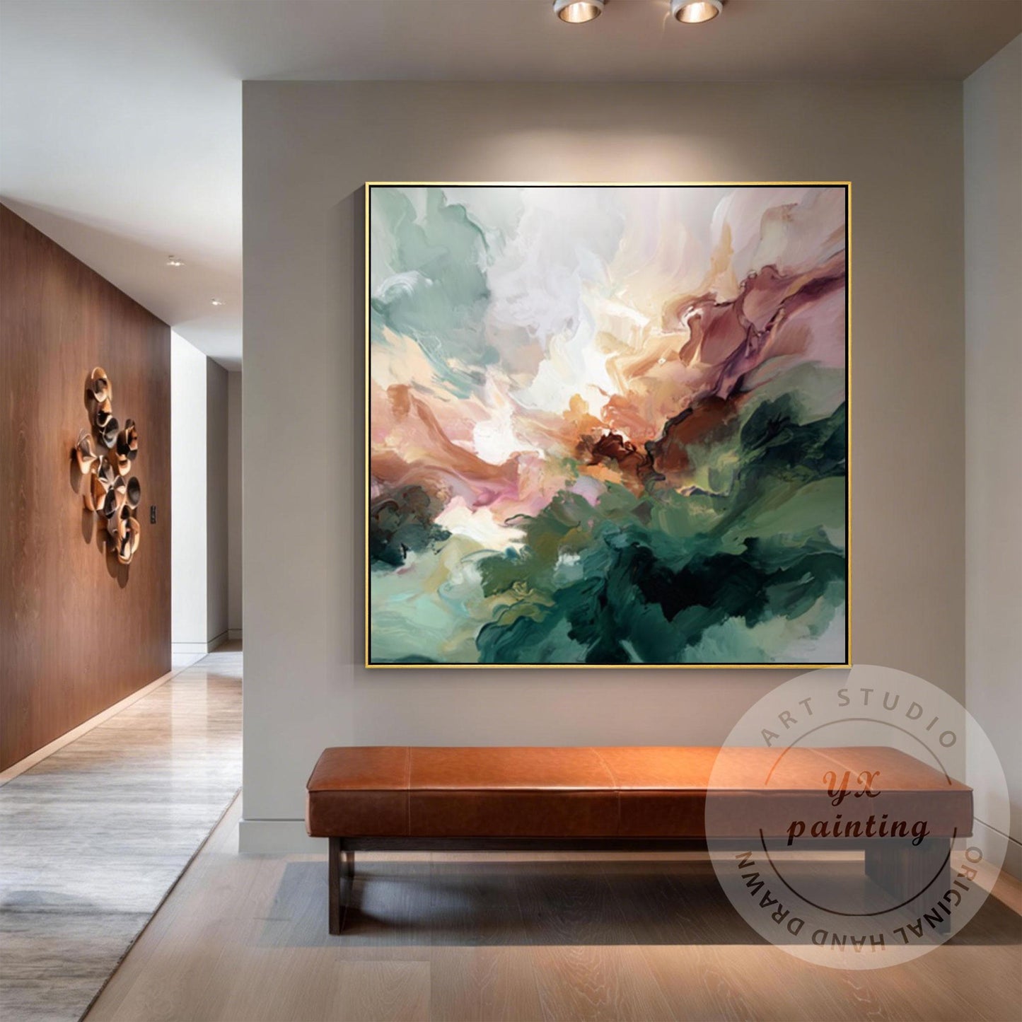 Abstract Green Wall Art, Modern Fluid Painting, Organic Landscape Canvas, Neutra #3