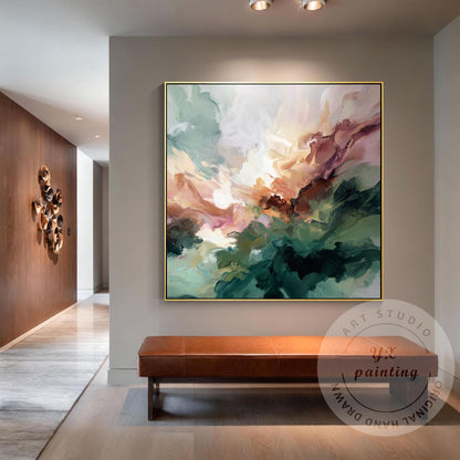 Abstract Green Wall Art, Modern Fluid Painting, Organic Landscape Canvas, Neutra #3