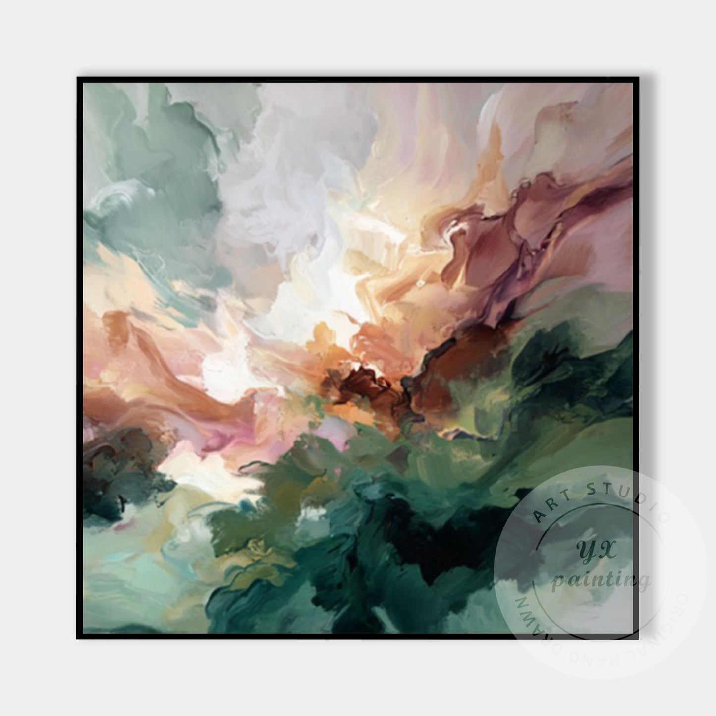 Abstract Green Wall Art, Modern Fluid Painting, Organic Landscape Canvas, Neutra #7