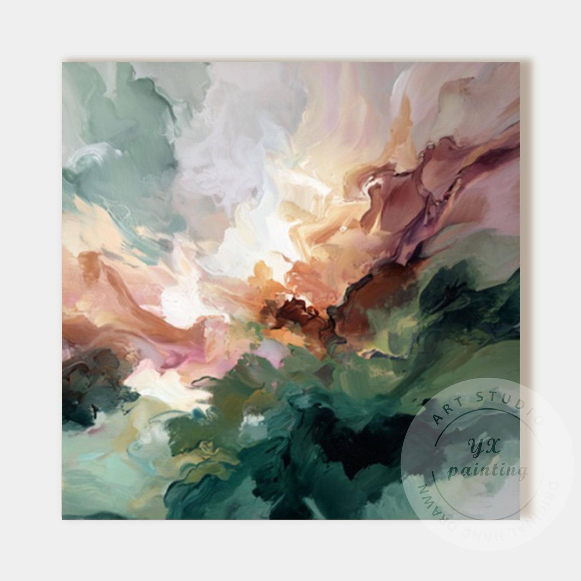 Abstract Green Wall Art, Modern Fluid Painting, Organic Landscape Canvas, Neutra #9