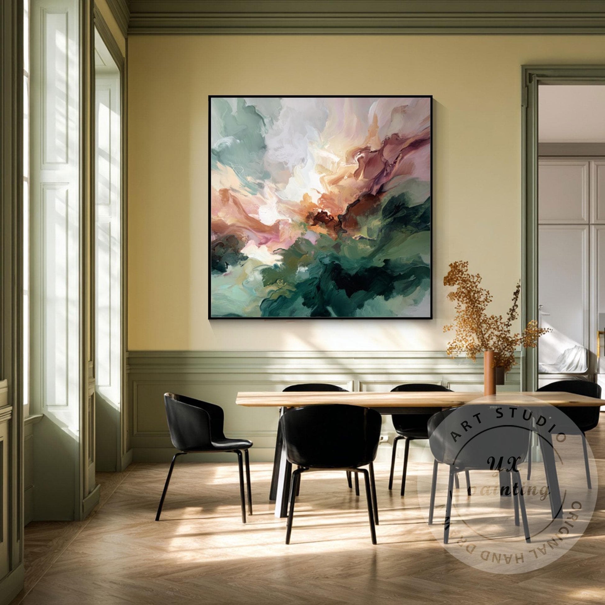 Abstract Green Wall Art, Modern Fluid Painting, Organic Landscape Canvas, Neutra #1