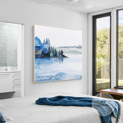 Abstract Lake Painting: Square Watercolor Wall Art on Canvas #2