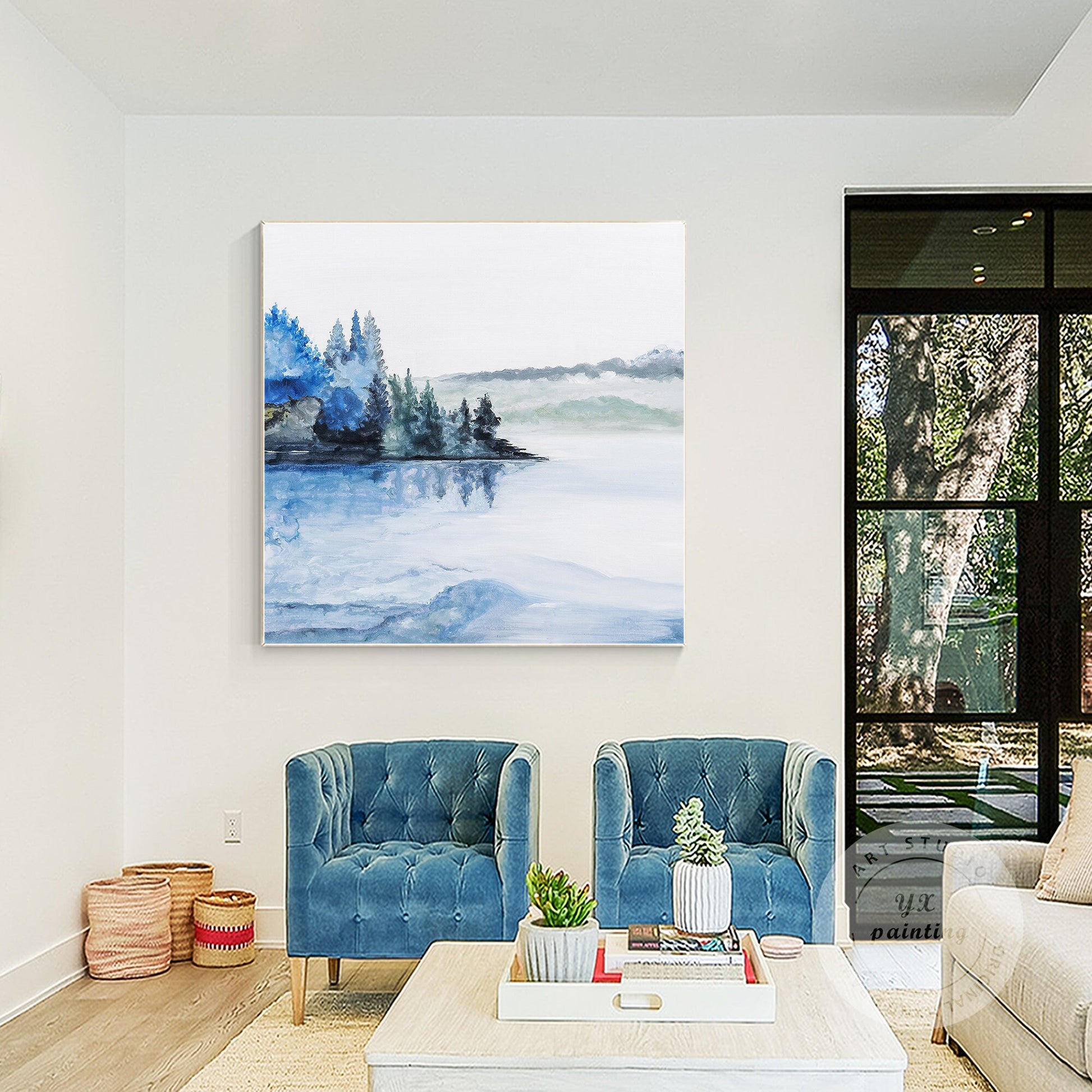 Abstract Lake Painting: Square Watercolor Wall Art on Canvas #3