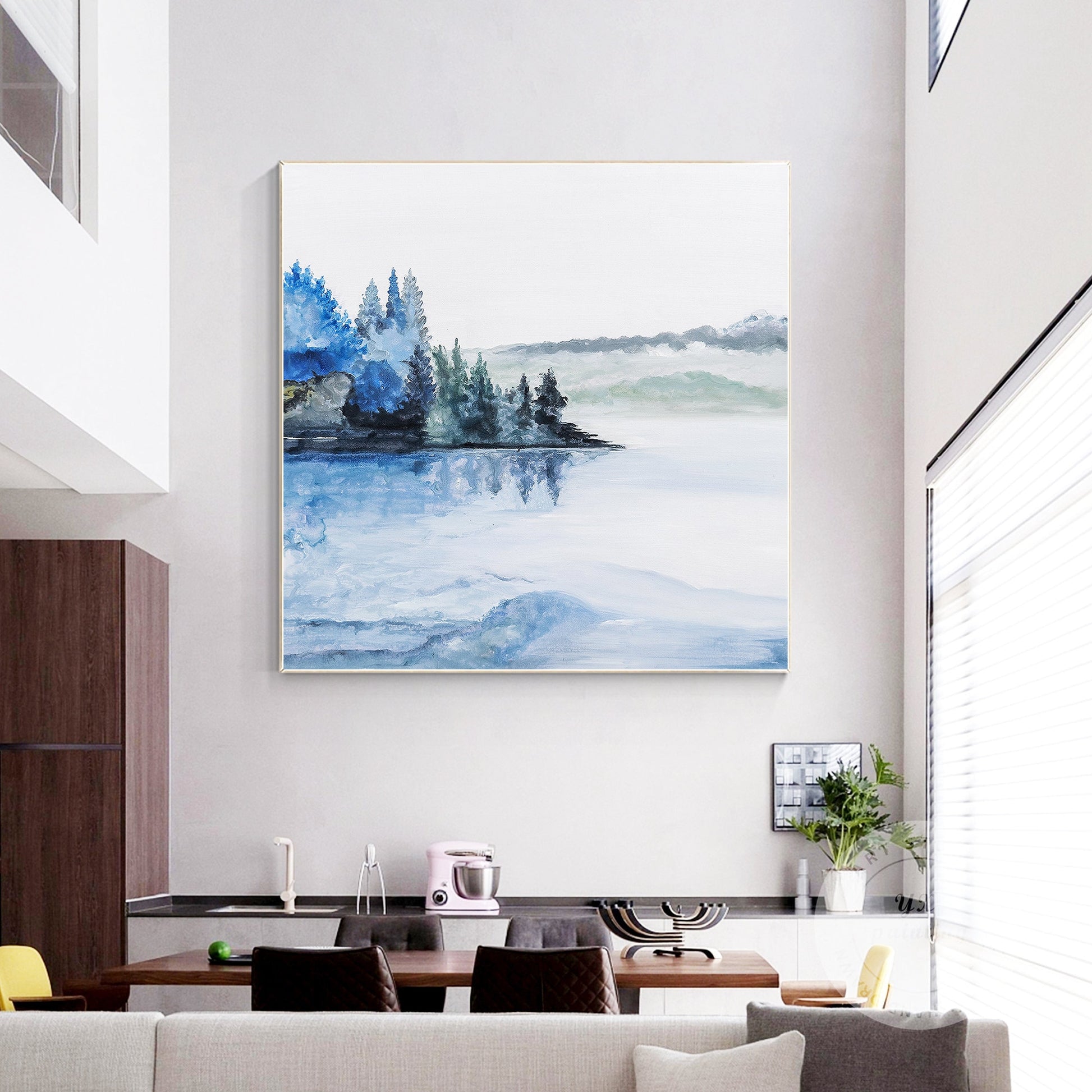 Abstract Lake Painting: Square Watercolor Wall Art on Canvas #4