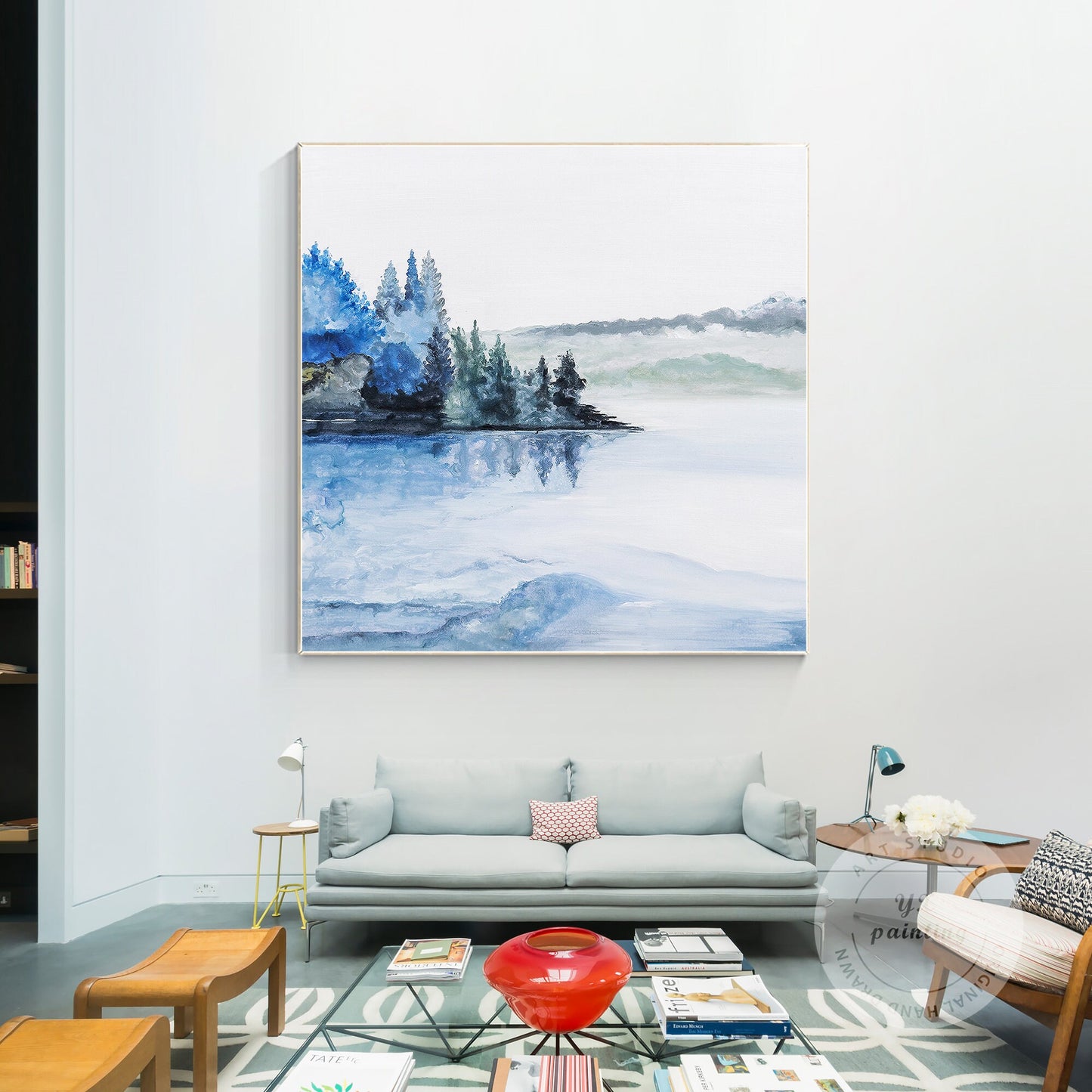 Abstract Lake Painting: Square Watercolor Wall Art on Canvas #5