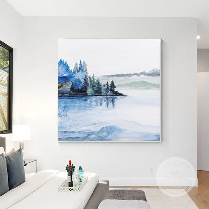 Abstract Lake Painting: Square Watercolor Wall Art on Canvas #1