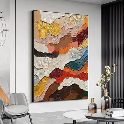 ABSTRACT LANDSCAPE: Textured Colorful Vertical Impasto | gold frame stretched on neutral wall