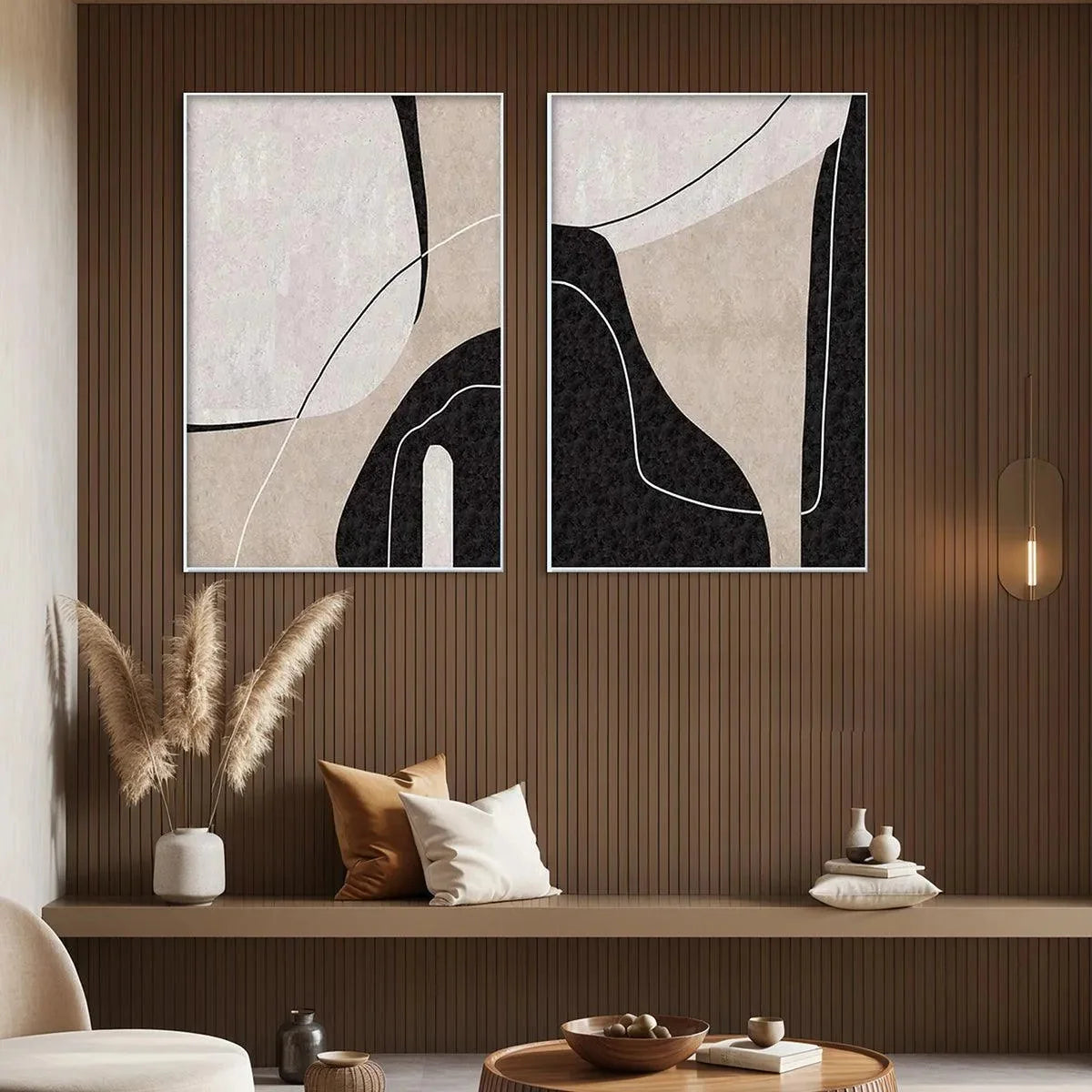 ABSTRACT MINIMALIST DIPTYCH: Minimalist Set of 2 Vertical | gold frame stretched on neutral wall