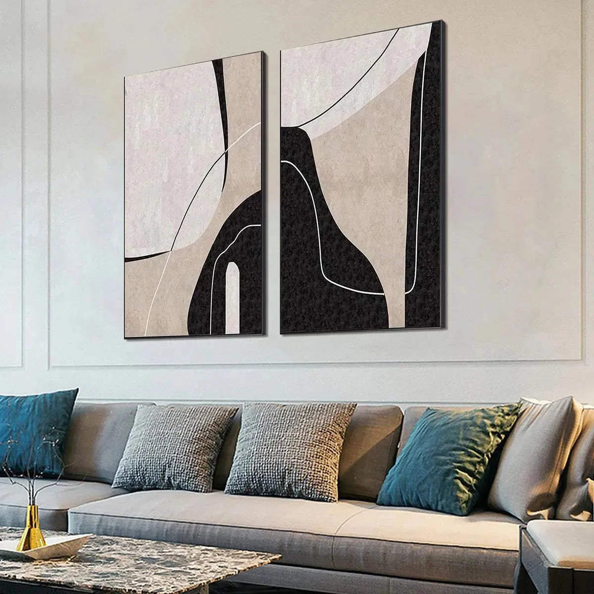 ABSTRACT MINIMALIST DIPTYCH: Minimalist Set of 2 Vertical | black frame version on white wall