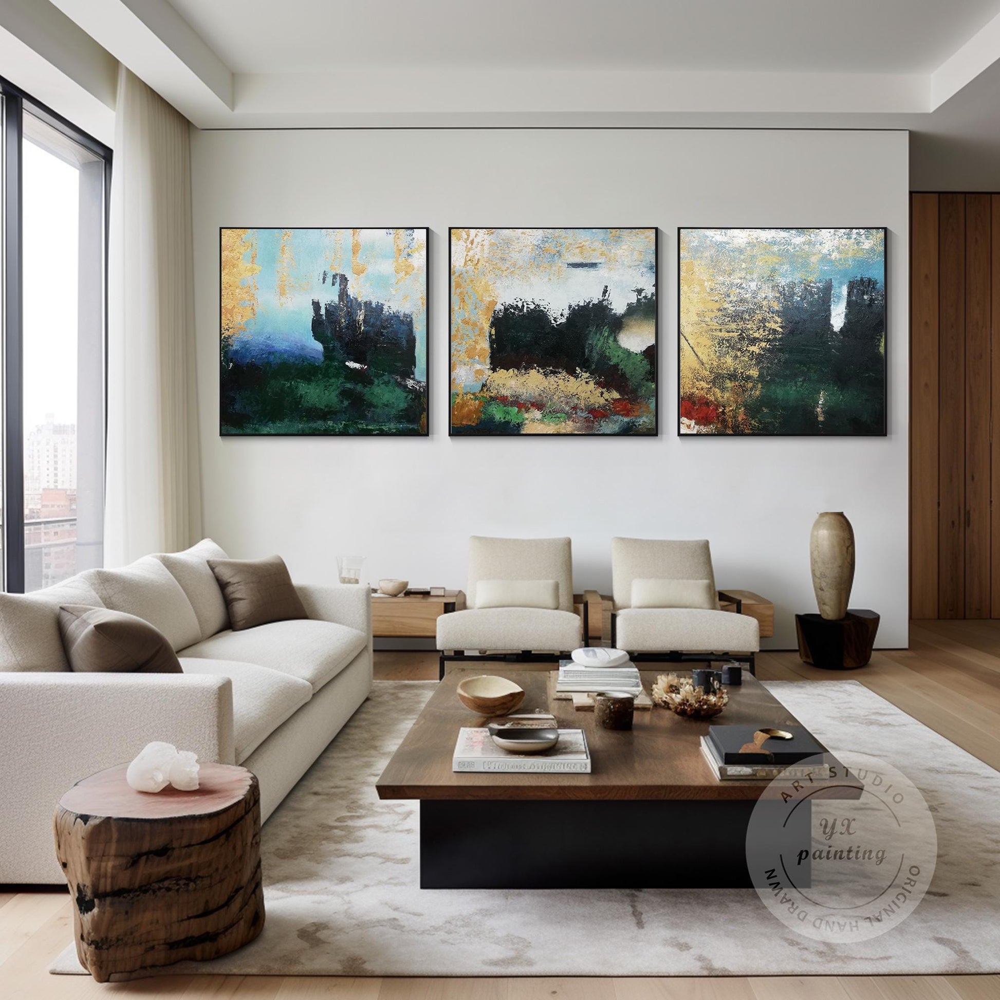 Abstract Mountain Forest Painting Set: Textured Hunter Green Landscape Canvas Ar #3