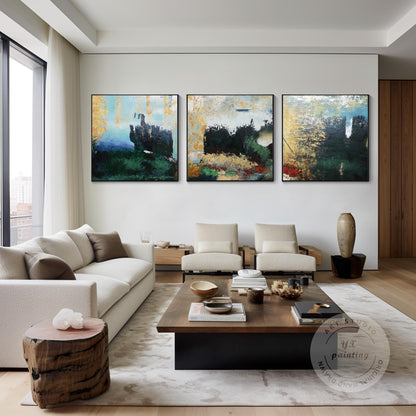 Abstract Mountain Forest Painting Set: Textured Hunter Green Landscape Canvas Ar #3