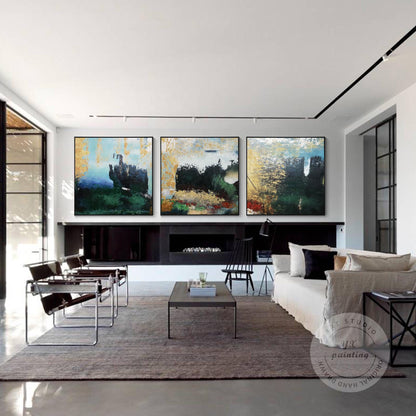 Abstract Mountain Forest Painting Set: Textured Hunter Green Landscape Canvas Ar #4