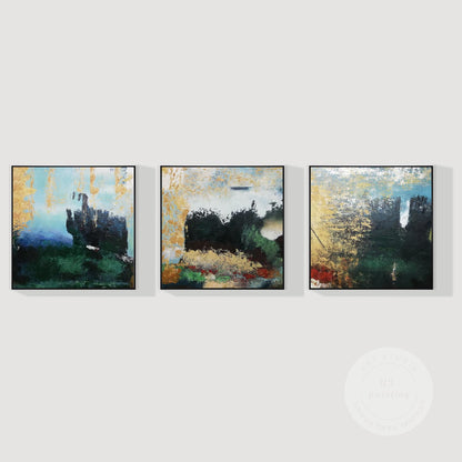 Abstract Mountain Forest Painting Set: Textured Hunter Green Landscape Canvas Ar #8