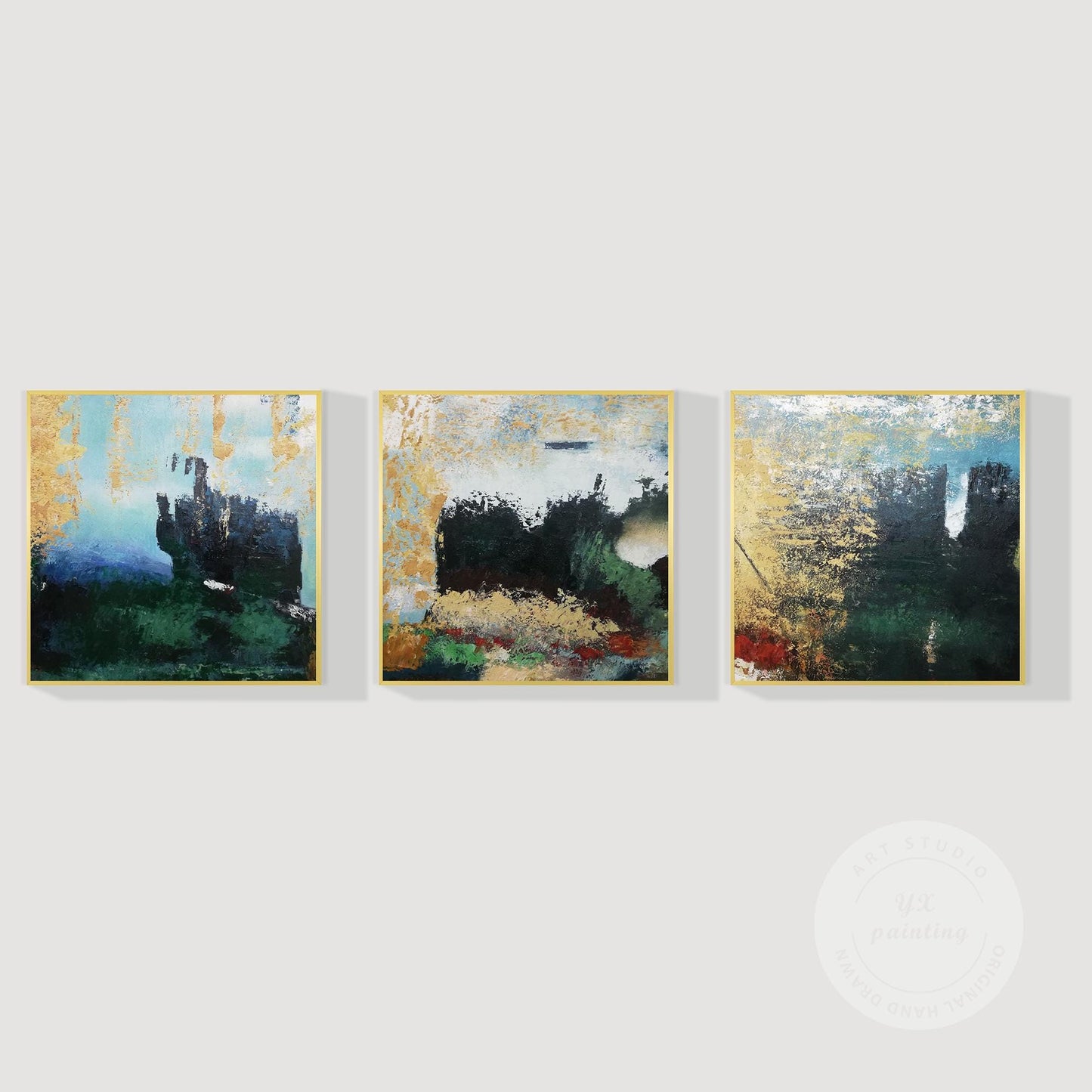 Abstract Mountain Forest Painting Set: Textured Hunter Green Landscape Canvas Ar #9