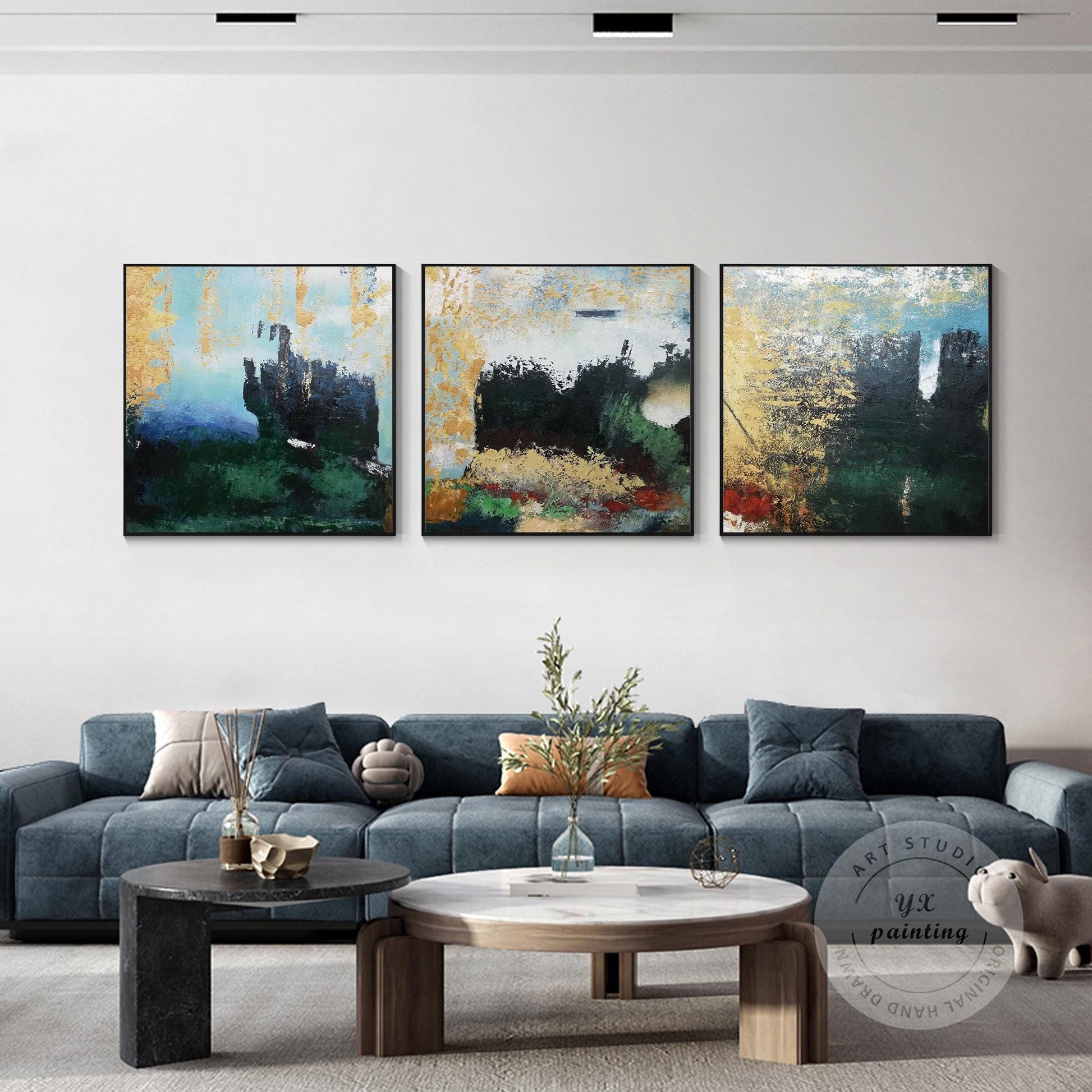 Abstract Mountain Forest Painting Set: Textured Hunter Green Landscape Canvas Ar #1