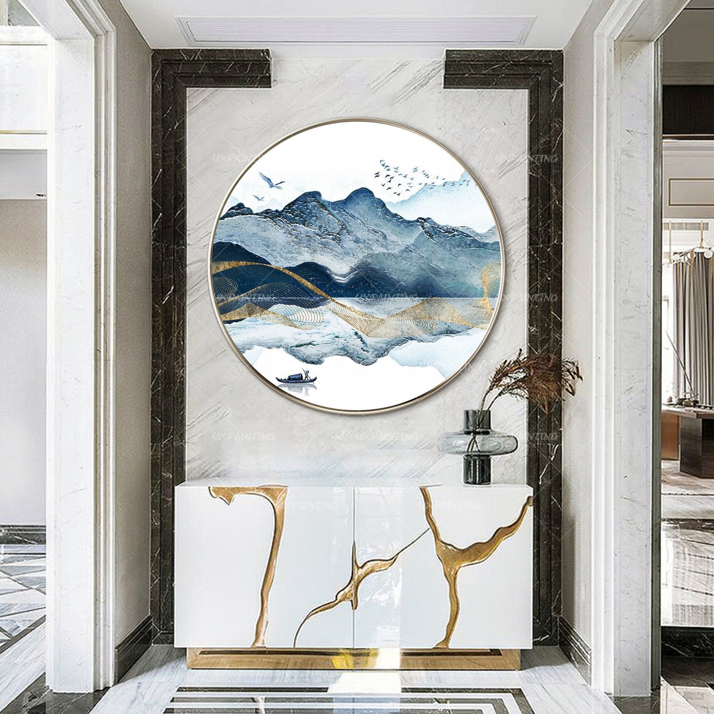 Abstract Mountain Lake Round Canvas Print: Blue Watercolor Painting (Digital Pri #2