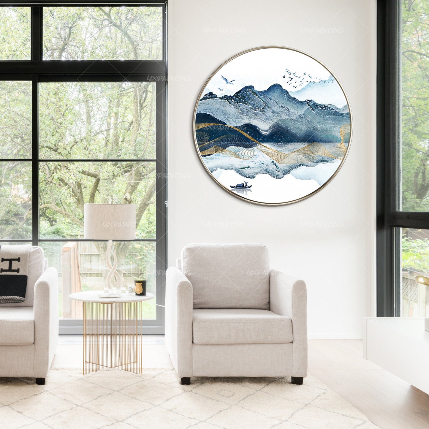 Abstract Mountain Lake Round Canvas Print: Blue Watercolor Painting (Digital Pri #3