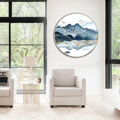 Abstract Mountain Lake Round Canvas Print: Blue Watercolor Painting (Digital Pri #3