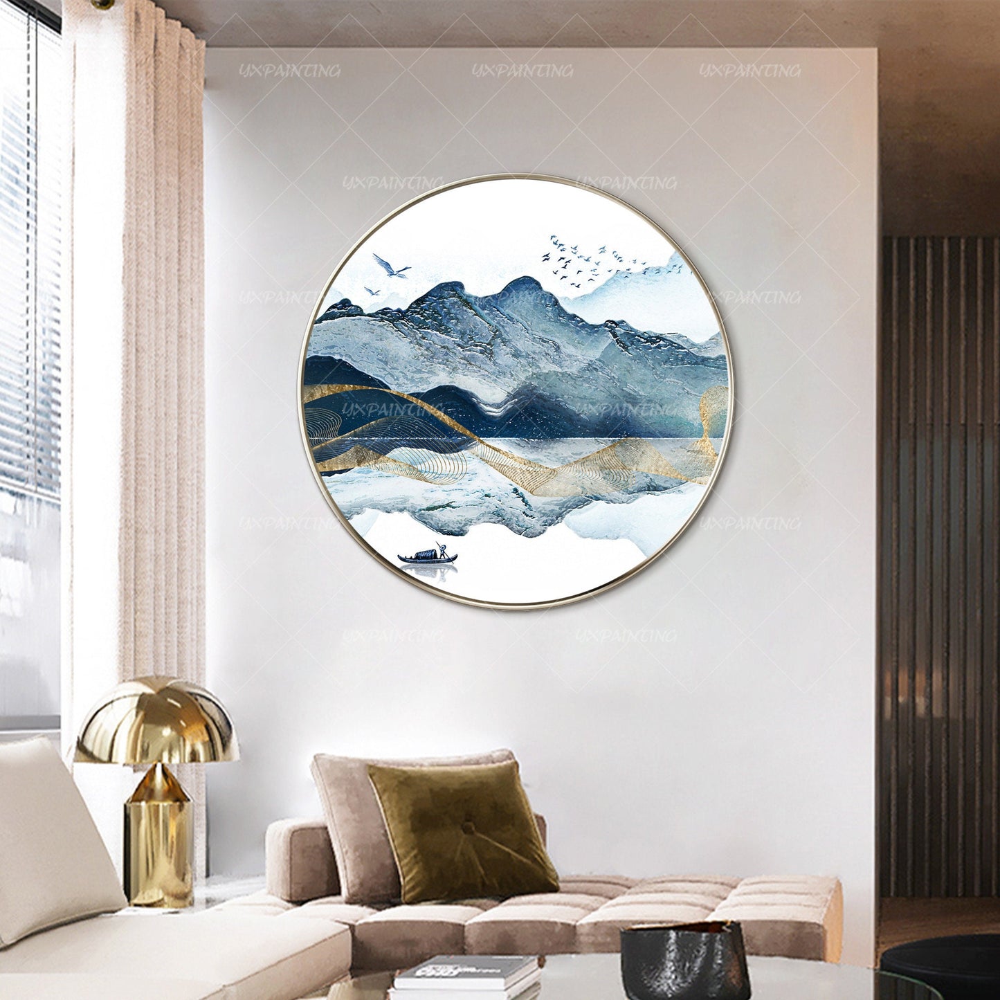 Abstract Mountain Lake Round Canvas Print: Blue Watercolor Painting (Digital Pri #4