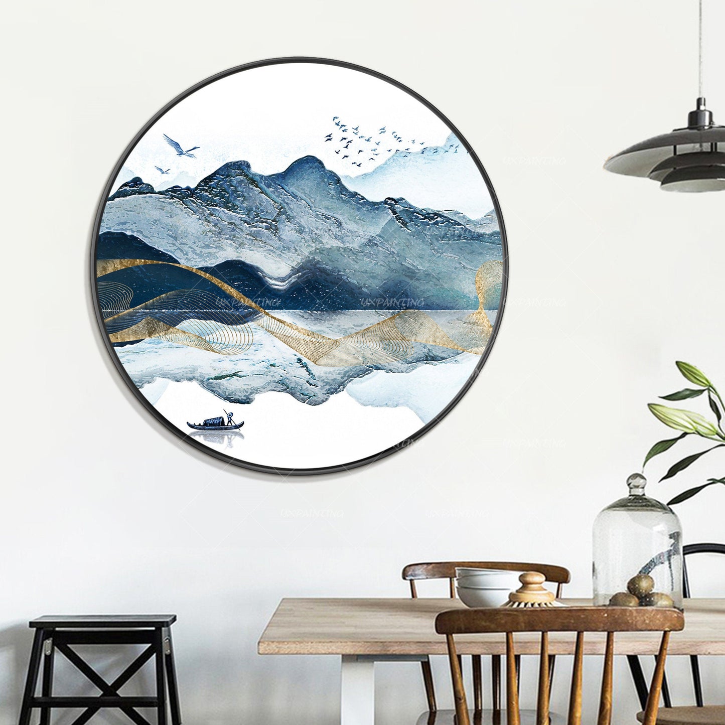 Abstract Mountain Lake Round Canvas Print: Blue Watercolor Painting (Digital Pri #5