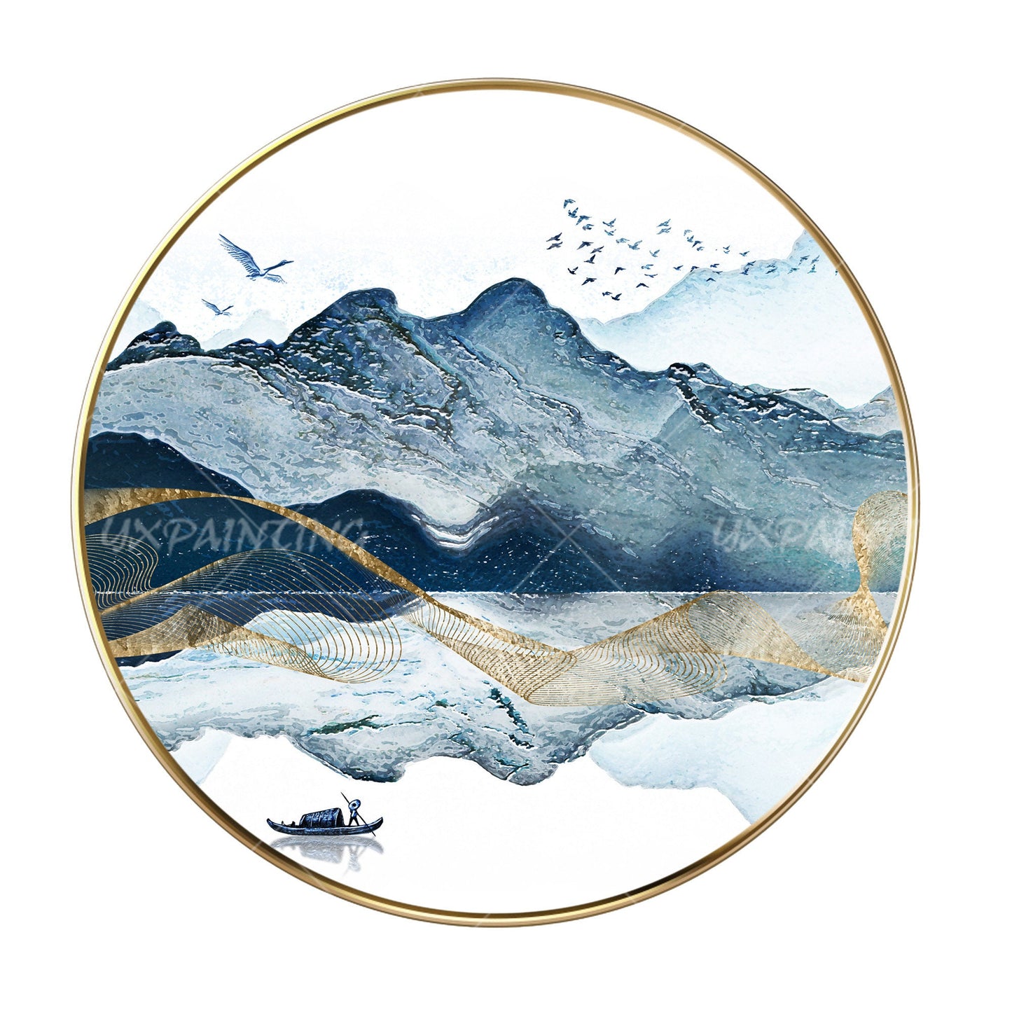 Abstract Mountain Lake Round Canvas Print: Blue Watercolor Painting (Digital Pri #7