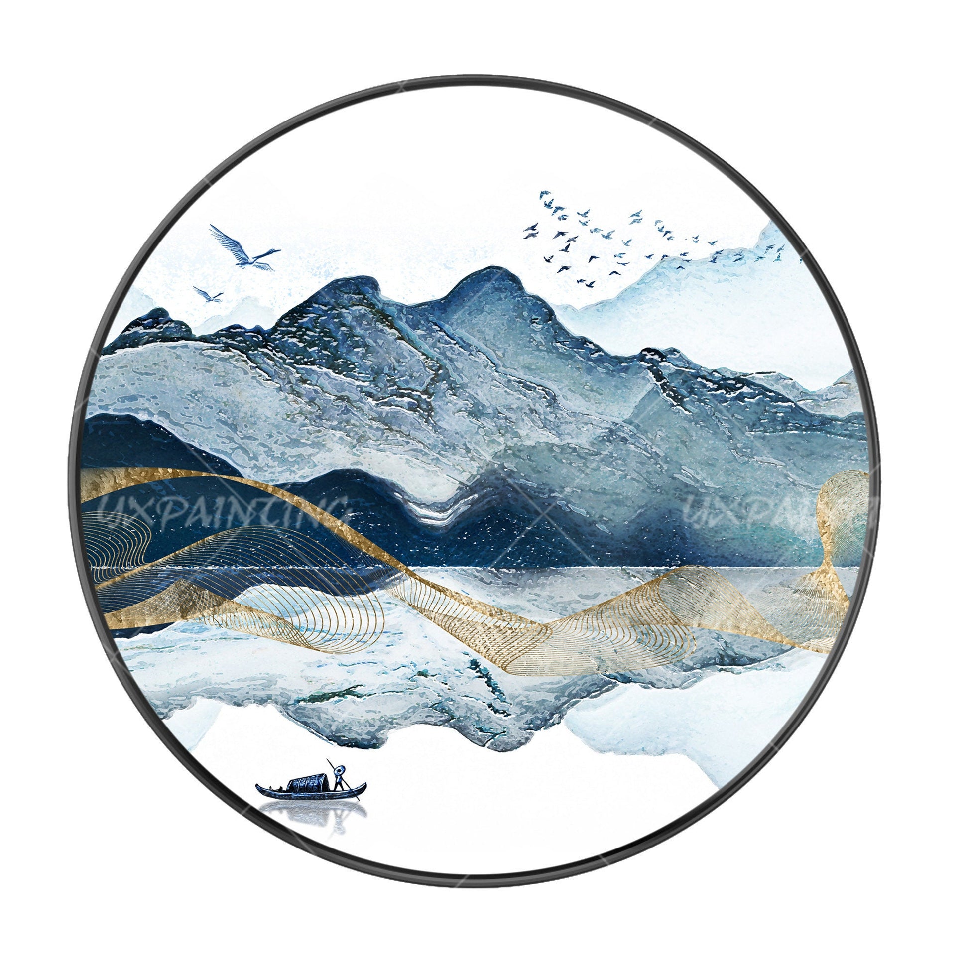 Abstract Mountain Lake Round Canvas Print: Blue Watercolor Painting (Digital Pri #9