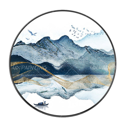 Abstract Mountain Lake Round Canvas Print: Blue Watercolor Painting (Digital Pri #9