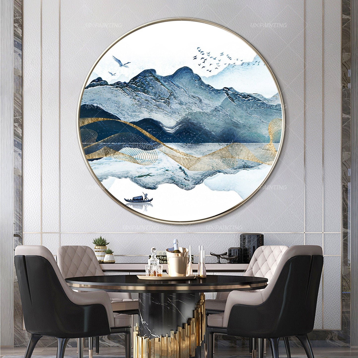Abstract Mountain Lake Round Canvas Print: Blue Watercolor Painting (Digital Pri #1
