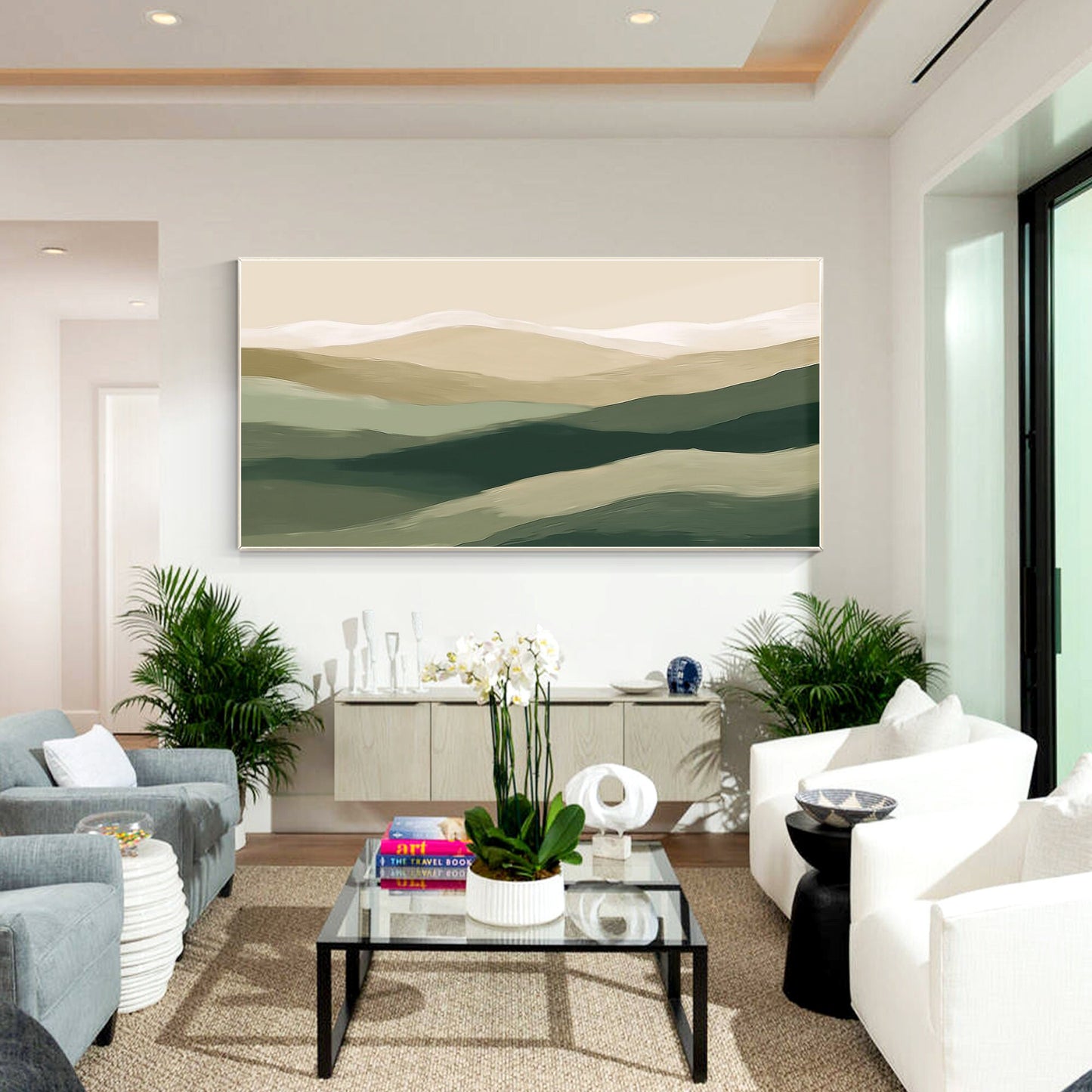 Abstract Mountain Painting: Beige & Green Landscape Canvas Art #3