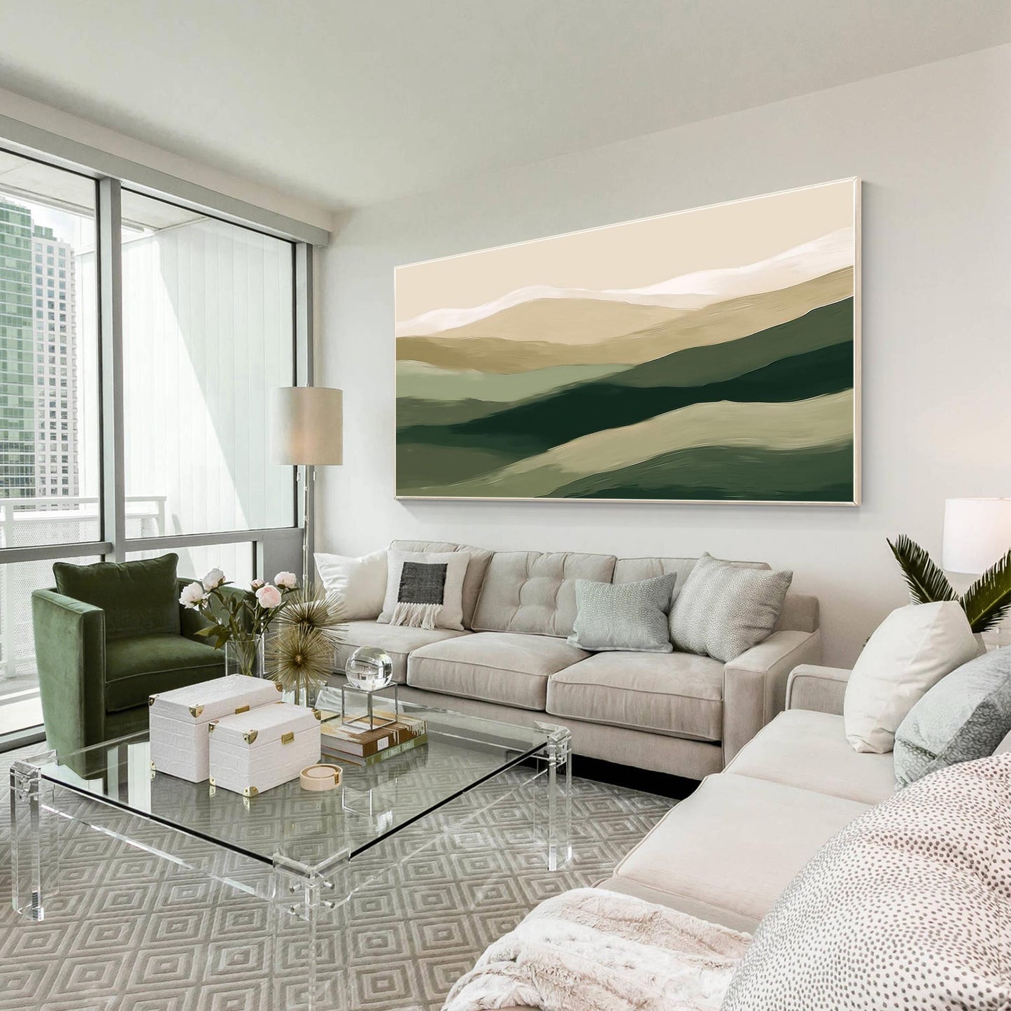 Abstract Mountain Painting: Beige & Green Landscape Canvas Art #6