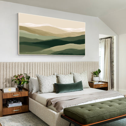 Abstract Mountain Painting: Beige & Green Landscape Canvas Art #1