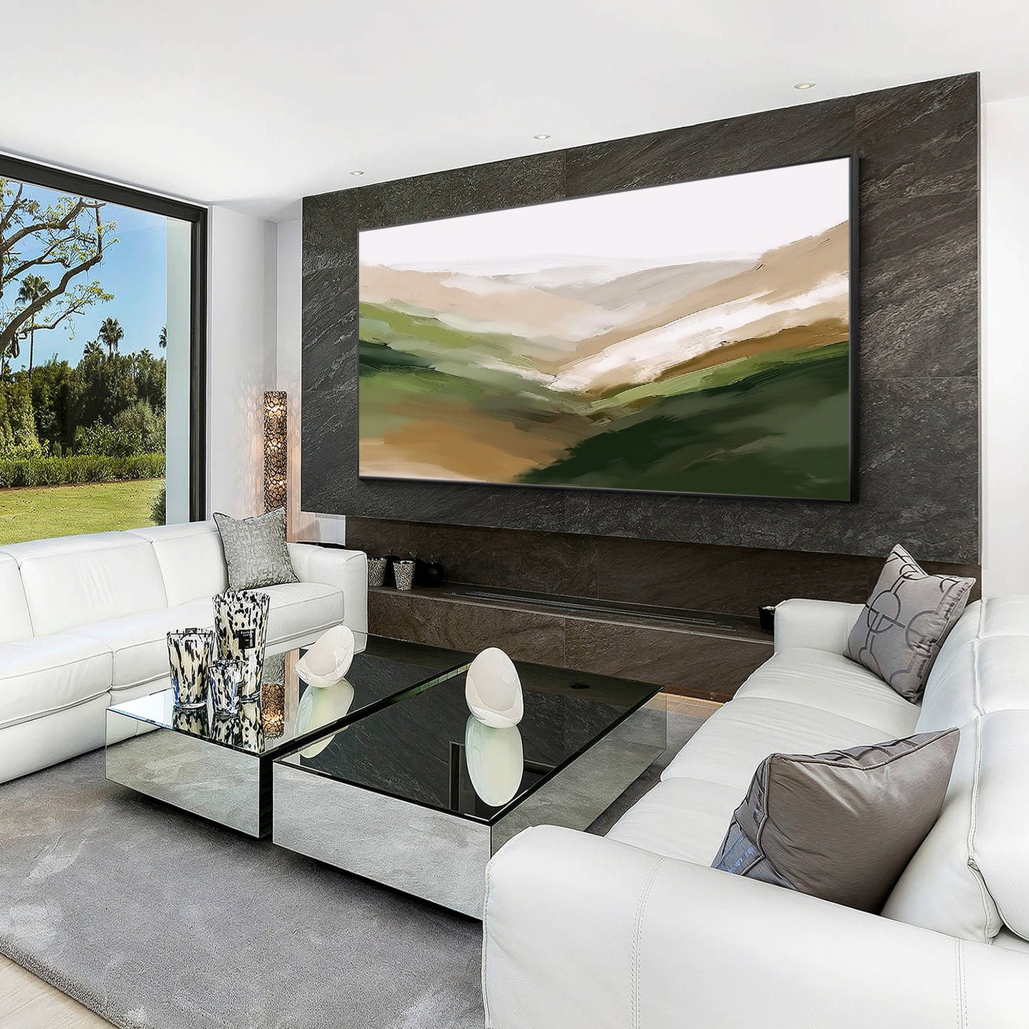 Abstract Mountain Painting: Beige Green Landscape Wall Art #2