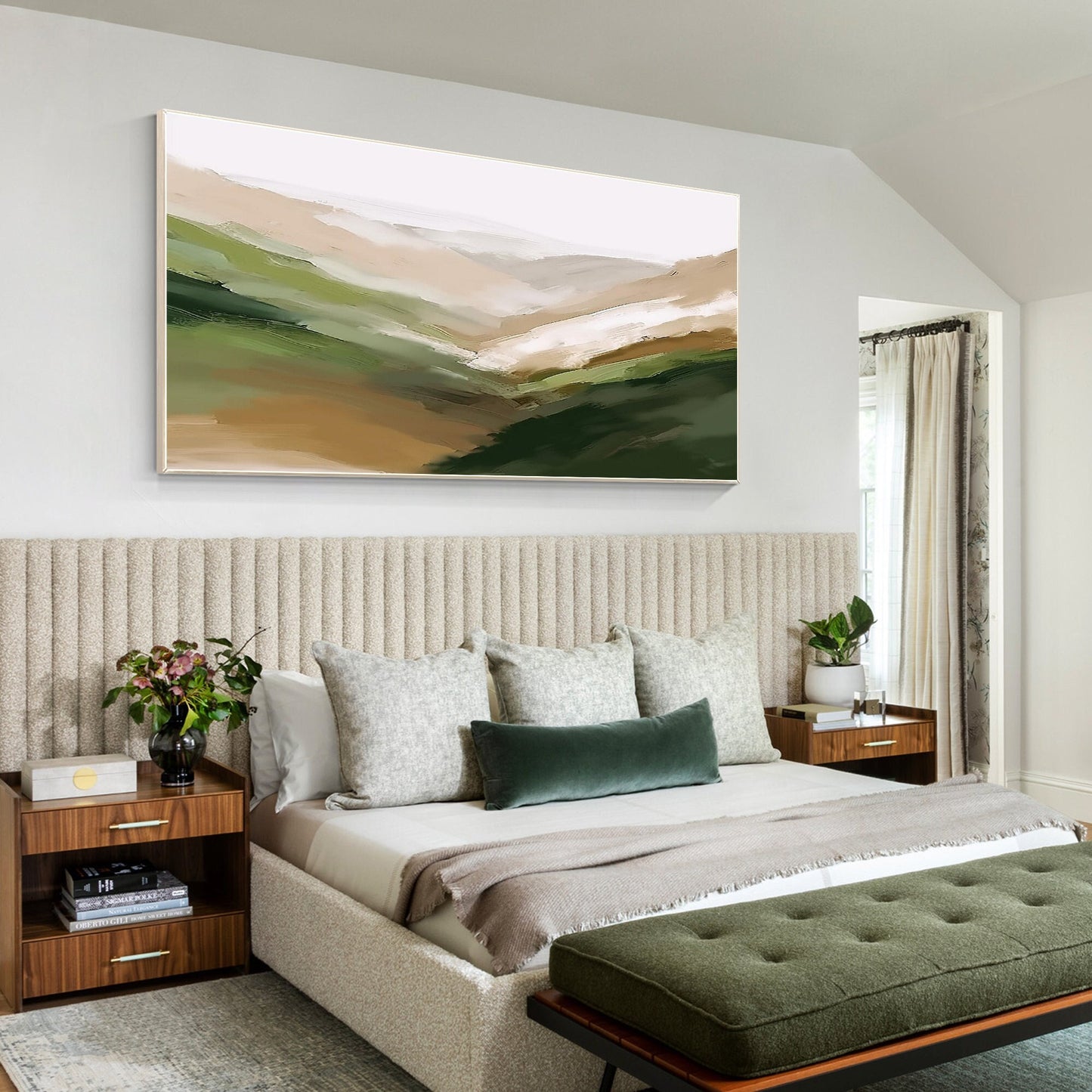 Abstract Mountain Painting: Beige Green Landscape Wall Art #1