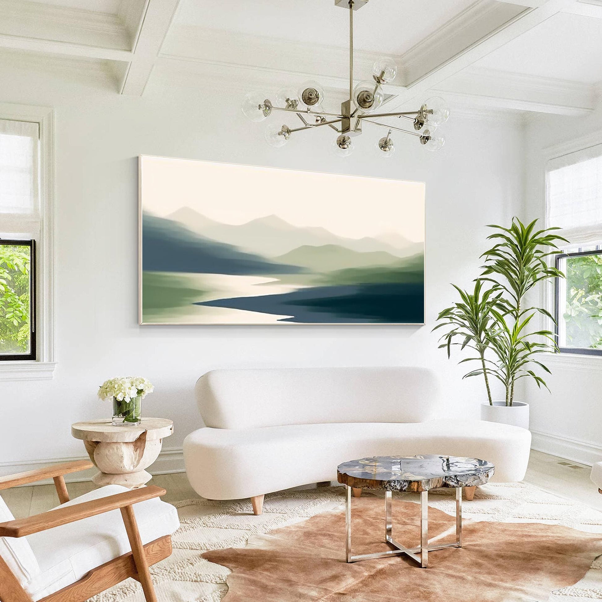 Abstract Mountain Painting: Foggy Green Landscape Canvas Art #4
