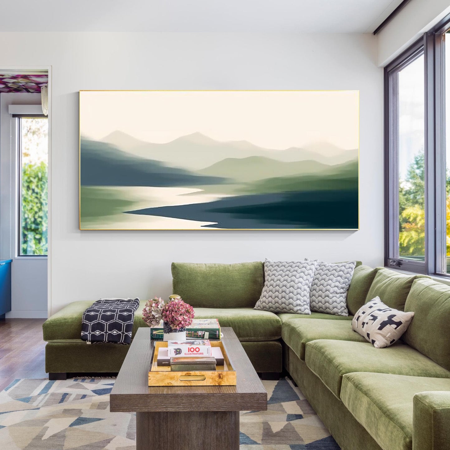 Abstract Mountain Painting: Foggy Green Landscape Canvas Art #1
